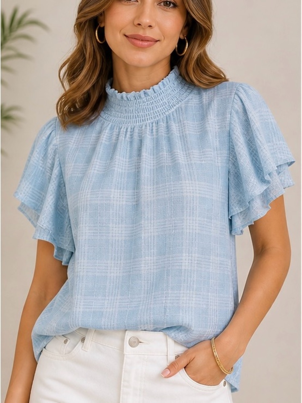 Smocked High-Neck Light Blue Flutter Sleeve Blouse